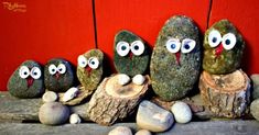 a group of owls sitting next to each other on top of a stone slab in front of a red wall