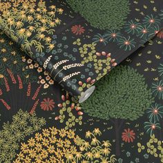 an image of a wallpaper with flowers and plants on black background in shades of green, yellow, red, orange and pink