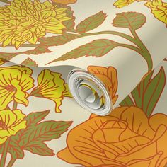 an orange and yellow flowered wallpaper with green leaves on the bottom half of it