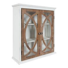 a wooden cabinet with glass doors on the front and bottom shelves in white painted wood