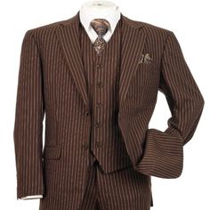 1920s Mens Suit - 1920s Mens Outfit - 1920s Costume Bold Pinstripe Suit In Brown Luxurious Wool Feel 3pc, 2 Button, Pinstripe Suit. 1920s Mobster, 1920s Mens Clothing, 1920s Costume, Pinstripe Suit, Mens Suits, Blazer Suit, Man Shop, Mens Outfits, Wool