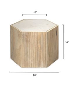 an octagonal wooden box with measurements for the top and bottom side, on a white background