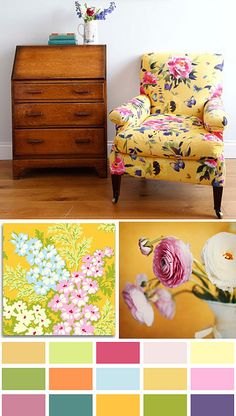 a living room filled with furniture next to a dresser and flowers on the wall in front of it