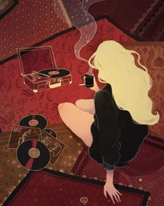 a painting of a woman sitting on the floor next to a record player and other items