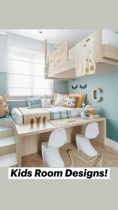 a child's bedroom with blue walls and white furniture