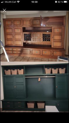 the kitchen cabinets are being painted green