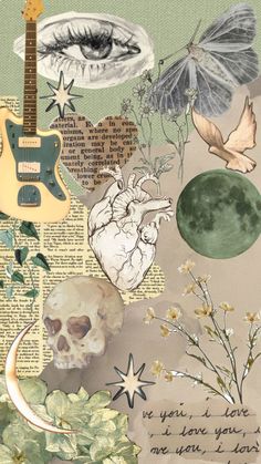 a collage of various items including a guitar, skull, and flowers with words written on them