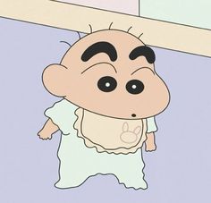 an animated image of a baby with black hair and eyes, standing in front of a mirror