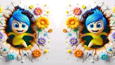 two images of cartoon characters with blue hair and flowers on the wall, one is looking at