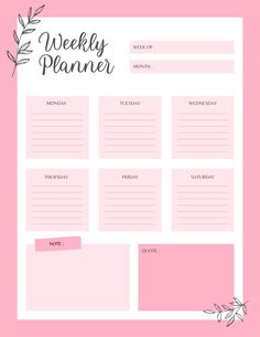 a pink planner with the words weekly planner written in black and white, on a pink background