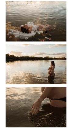 three different pictures of people in the water with their hands on each other's chest