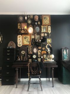 antique gothic desk with frame collage Gallery Wall Next To Bookshelf, Modern Victorian Office Decor, Classic Horror Decor, Dark Academia Frame Wall, Antique Frame Collage Wall, Dark Maxamilist Bedroom, Goth Office Desk, Gothic Antique Decor, 20s Room Aesthetic