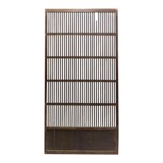 a wooden screen with metal bars on the top and bottom, against a white background