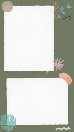 two blank papers with flowers and leaves on them, one is green and the other is white