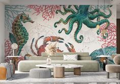 a living room with an octopus mural on the wall