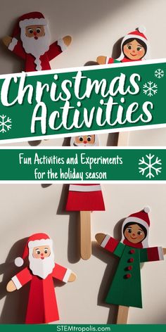 christmas activities for the holiday season with santa and elves on popsicles, snowflakes, and trees