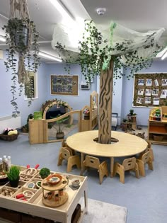 a room filled with lots of wooden tables and chairs next to a tree in the center