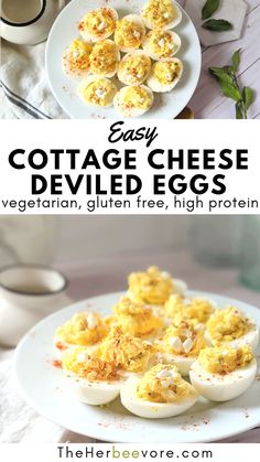 two plates with deviled eggs on them and the words easy cottage cheese deviled eggs