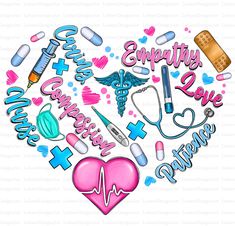 an image of medical related items in the shape of a heart with words and symbols