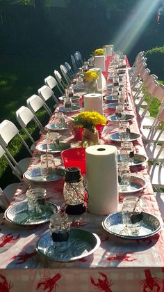 a long table is set with plates, cups and vases for an outdoor dinner