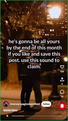 two people standing next to each other on a street at night with the words, he's gonna be all yours by the end of this month if you like and save this