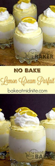 lemon cream parfait in small glass dishes with whipped cream on top and the bottom