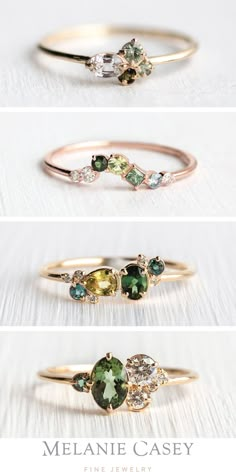 Coloured Gemstone Rings, Mixed Stone Rings, Stacked Gemstone Rings, Mother Rings Ideas, Two Birthstone Ring, Green Saphire Ring, Green Cluster Ring, Mothers Ring Ideas, Asymmetrical Rings