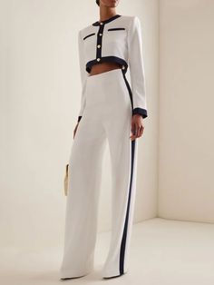 Chic High-Waisted Wide Leg Contrast Color Suit Pants Celana Fashion, Mid Waist Pants, Two Piece Pants Set, Mode Casual, Flare Leg Pants, Looks Chic, Pants Pattern, Style Elegant, British Style