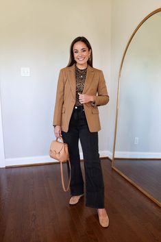 Camel blazer four ways via pumps and push-ups blog | fall outfits | blazer outfits | leopard print outfits | petite fashion | smart casual outfits for work Brown Blazer Outfits For Women Work, Camel Outfits For Women, Light Brown Blazer Outfit, Fall Outfits Blazer, Blazer Outfits For Women Work, Sweater Blazer Outfit