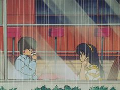 an anime scene with two people looking out the window at another person holding a cell phone