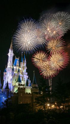 fireworks are lit up in the sky above a castle