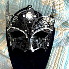 Very Exciting Looking Mask For Mardi Gras Or Masquerade Multi Dimensional Crystal Centerpieces, Mask Black, Multi Dimensional, Large Crystal, Large Crystals, Women Artisans, White Interior, Mardi Gras, Face Masks