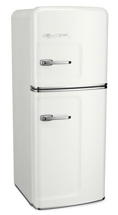 an old fashioned white refrigerator freezer