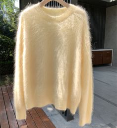 New Autumn Winter Thick Warm Knitted Loose Sweaters Jumper Women Round Collar Yellow Soft Mohair Yellow Relaxed Fit Winter Sweater, Trendy Yellow Soft Knit Sweater, Yellow Wool Winter Sweater, Casual Yellow Textured Knit Sweater, Cozy Yellow Winter Sweater, Jumper Women, Style Oversize, Lazy Style, Yellow Soft