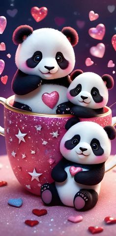 two panda bears sitting in a pink cup with hearts floating around them on a purple background