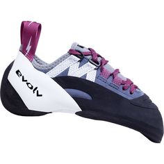 a pair of climbing shoes with purple and white laces on the sole, side view