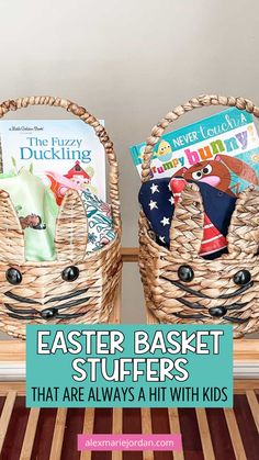 two wicker baskets sitting on top of a wooden table with the words, easter basket stuffers that are always hit with kids