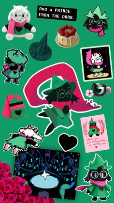 an assortment of stickers and decals on a green background with pink roses in the foreground