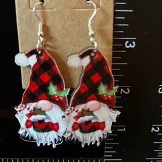 Wood Gnome Christmas Earrings New Fish Hooks - Silver Tone Keywords: Gnome Gnomes Elf Plaid Christmas Holiday Wood Danglers Gnome Christmas, Fish Hooks, Christmas Earrings, Plaid Christmas, Earrings Color, Fish Hook, Christmas Holidays, Elf, Silver Tone