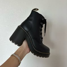 Dr Martens Heeled Boots - Tagged Us 6 / Eu 37 - 6-Eye Boot - Gunmetal Hardware - 100% Natural-Looking Nappa Leather With A Smooth Full-Grain Finish - Sole Height - Platform Height: 1 1/8 In; Flared Heel Height: 3 3/4 In - Brand New. No Flaws. Purchased For $200. Note: I Usually Wear A Women’s Us 7 But These Fit Me Perfectly High Heel Doc Martens, Doc Martin Heels, Dr Martens Heels, Trendy Heeled Boots With Metal Feet And Round Toe, Fall Ankle Platform Boots With Metal Feet, Heeled Doc Martens Outfit, Trendy Leather Heeled Boots With Metal Feet, Dr Martens High Heels, Edgy Block Heel Boots With Reinforced Heel