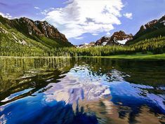 a painting of mountains and trees reflected in the water