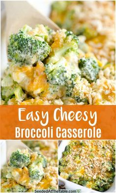 easy cheesy broccoli casserole with cheese on top and in the bottom