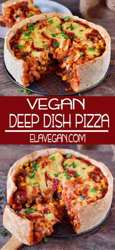 vegan deep dish pizza on a wooden table