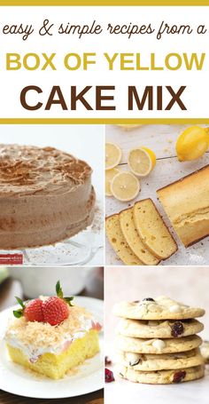 the box of yellow cake mix is shown with lemons, strawberries and cookies