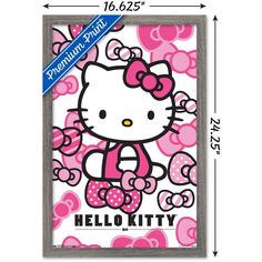 a hello kitty poster with hearts and bows on the bottom, says hello kitty in pink