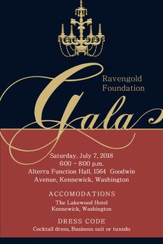 a red, black and gold gala flyer with chandelier