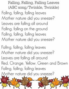 an autumn poem with leaves on it and the words falling, falling leaves are written in black