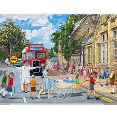 a painting of people crossing the street in front of a double decker bus with a baby carriage