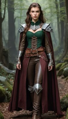 a woman in a green and brown outfit is standing in the woods with her hands on her hips