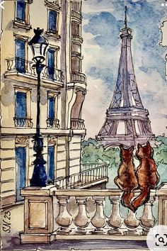 watercolor painting of two cats sitting on a balcony looking at the eiffel tower